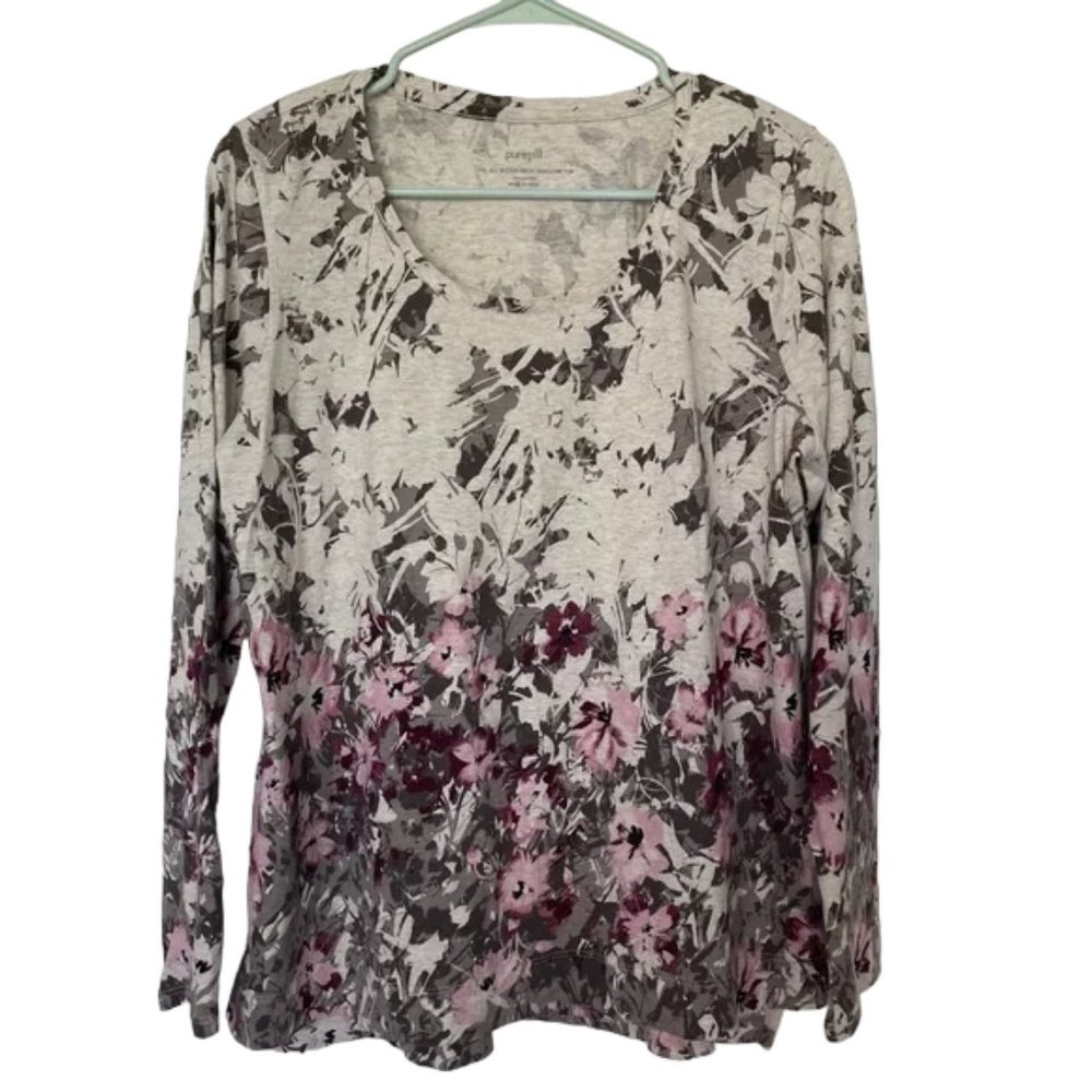 PureJill J.Jill Scoop Neck High Low Long Sleeve Floral Blouse Size Medium